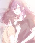  2girls absurdres asahina_mafuyu bed_sheet black_shirt blush breasts brown_hair brown_shirt closed_eyes collarbone hair_between_eyes highres long_hair medium_breasts multiple_girls parted_lips project_sekai purple_hair shinonome_ena shirt short_hair short_sleeves sleeping sleeping_on_person sorimachi-doufu upper_body yuri 