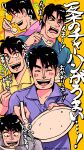  1boy artist_name black_eyes black_hair blue_shirt blush closed_eyes collared_shirt commentary_request dated eating food food_on_face grey_shirt highres holding holding_spoon joukyou_seikatsuroku_ichijou kaiji looking_at_viewer male_focus medium_bangs multiple_views murakami_tamotsu open_mouth pink_shirt purple_shirt shirt short_hair smile spoon translation_request unknown03162 upper_body yellow_background yellow_shirt 