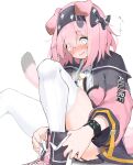  1girl animal_ears arknights black_bow black_bracelet black_hairband black_skirt blue_jacket blush bow cat_ears cat_girl cat_tail clothes_writing cross-laced_footwear embarrassed floppy_ears garter_straps goldenglow_(arknights) hair_between_eyes hairband highres infection_monitor_(arknights) jacket lightning_bolt_print long_sleeves multicolored_clothes multicolored_jacket nervous_sweating open_clothes open_jacket pcaccount13 pink_footwear pink_hair pink_jacket print_bow print_hairband shirt shoes skindentation skirt solo sweat tail thighhighs thighs two-tone_jacket wardrobe_malfunction white_shirt white_thighhighs yellow_eyes 
