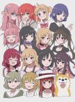  6+girls ^_^ ahoge amogan beret black_choker black_hair black_headwear black_sweater blonde_hair blue_eyes blue_hair blunt_bangs bocchi_the_rock! bow bowtie braid breasts brown_hair character_request check_character choker closed_eyes collared_shirt colored_inner_hair cube_hair_ornament detached_ahoge dog facing_viewer fan_1-gou fan_2-gou gotoh_futari gotoh_hitori green_eyes green_hair grey_background hair_between_eyes hair_ornament hair_over_shoulder hat highres hiroi_kikuri ijichi_nijika ijichi_seika iwashita_shima jacket jimihen kita_ikuyo large_breasts long_hair looking_at_viewer mole mole_under_eye multicolored_hair multiple_girls off_shoulder one_side_up ootsuki_yoyoko pa-san pink_bow pink_bowtie pink_hair pink_jacket pink_track_suit purple_hair red_eyes red_hair sailor_collar satou_aiko school_uniform sharp_teeth shiba_inu shimizu_eliza shimokitazawa_high_school_uniform shirt short_hair shuka_high_school_uniform siblings side_ponytail sidelocks simple_background sisters sweater teeth tongue tongue_out track_jacket twintails very_long_hair white_headwear white_shirt yamada_ryo yellow_eyes 