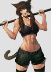  1girl abs absurdres animal_ears black_sports_bra black_thighhighs blue_eyes blush breasts brown_hair cleavage collarbone commission facial_mark fangs final_fantasy final_fantasy_xiv highres large_breasts long_hair looking_away looking_to_the_side madoro_q miqo&#039;te muscular muscular_female navel open_mouth red_nails short_shorts shorts skeb_commission smile solo sports_bra tail teeth thighhighs 