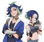  1boy 1girl absurdres adaman_(pokemon) blue_coat blue_hair bob_cut breasts brown_eyes camera coat collar collarbone earrings eyebrow_cut green_hair highres jewelry jodytsengart looking_at_viewer midriff multicolored_hair navel neck_ring open_mouth perrin_(pokemon) pokemon pokemon_(game) pokemon_legends:_arceus pokemon_sv related shirt smile solo stomach 