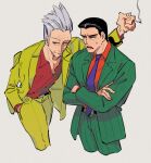  2boys belt black_belt blazer cigarette closed_mouth collared_shirt commentary_request cowboy_shot cropped_legs crossed_arms gin_to_kin green_jacket green_pants grey_background grey_hair hair_slicked_back hand_in_pocket hirai_ginji holding holding_cigarette inudori jacket looking_afar low_ponytail male_focus morita_tetsuo multiple_boys necktie old old_man open_mouth orange_shirt pants purple_necktie red_shirt shirt short_hair simple_background smoke spiked_hair suit yellow_jacket yellow_pants 