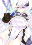  1girl aqua_pupils azur_lane blush breasts cable covered_navel cropped_jacket gloves hair_between_eyes hair_ornament headgear highleg highleg_leotard highres horns jacket kearsarge_(azur_lane) large_breasts leotard long_hair long_sleeves looking_at_viewer marker_(medium) mechanical_gloves mechanical_horns mimi_(mini1474) multicolored_hair purple_eyes sideboob solo streaked_hair thighs thong_leotard traditional_media very_long_hair white_hair white_jacket white_leotard 