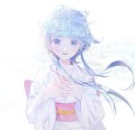  1girl blue_eyes blue_hair cofffee collarbone ice japanese_clothes jigoku_sensei_nube kimono long_hair long_sleeves looking_at_viewer open_mouth sash sidelocks simple_background smile solo white_background white_kimono yukime_(jigoku_sensei_nube) 