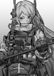  1girl arknights coat gloves greyscale highres holding holding_weapon horns hu_tu load_bearing_vest long_hair long_sleeves looking_at_viewer monochrome mudrock_(arknights) pointy_ears pouch sidelocks smoke_grenade solo standing upper_body weapon 