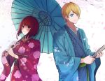  +_+ 1boy 1girl arima_kana blonde_hair blue_eyes blue_kimono blush bob_cut cherry_blossoms closed_mouth falling_petals happy highres holding holding_umbrella hoshino_aquamarine inverted_bob japanese_clothes kimono looking_at_another oshi_no_ko petals red_eyes red_hair red_kimono short_hair smile tsunkyunn umbrella white_background 