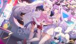  &gt;_&lt; 2girls ahoge animal_ears arcade artist_request azur_lane bare_shoulders bird black_bow bow chick commission dress fake_animal_ears hair_between_eyes hair_bow highres holding_hands indoors jacket laffey_(azur_lane) long_hair long_sleeves looking_at_viewer maimai_(game) manjuu_(azur_lane) multiple_girls parted_lips pink_jacket rabbit_ears red_eyes red_skirt second-party_source short_dress skindentation skirt thighhighs twintails unicorn unicorn_(azur_lane) very_long_hair white_dress white_hair white_thighhighs wings 