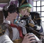  2boys armor ascot bara barawa black_hair black_jacket blonde_hair cape chat_noir_(granblue_fantasy) draph facial_hair gloves goatee granblue_fantasy hat hellocockatoo holding holding_smoking_pipe holding_staff holding_weapon horns jacket large_pectorals looking_at_another male_focus mature_male monocle multiple_boys muscular muscular_male pants pectorals pointy_ears red_ascot shirt short_hair shoulder_armor shoulder_pads smoking_pipe staff top_hat weapon white_ascot white_cape white_gloves white_pants white_shirt yaoi 