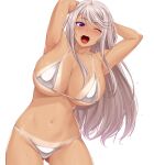  1girl armpits arms_behind_head arms_up bare_shoulders bikini blush breasts cleavage collarbone grey_hair highres large_breasts long_hair looking_at_viewer namidame navel open_mouth original purple_eyes sidelocks silver_bikini solo swimsuit tan tanlines thighs 