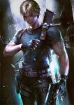  1boy artist_name belt black_gloves black_pants black_shirt brown_belt brown_hair closed_mouth fingerless_gloves gloves gun highres holding holding_gun holding_knife holding_weapon holster knife knife_holster kyle. leon_s._kennedy male_focus muscular muscular_male pants resident_evil resident_evil_4 resident_evil_4_(remake) shirt short_hair shoulder_holster solo weapon weapon_on_back 