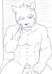  abs accessory anthro balls black_and_white canid canine canis casual_nudity fur genitals humanoid_genitalia humanoid_hands humanoid_penis ilan1985 male mammal monochrome muscular muscular_anthro muscular_male navel nipples nude pecs penis sketch smile solo solo_focus wolf 