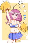 1girl :o arm_up artist_request aura_(sousou_no_frieren) bad_link blue_eyes blue_skirt blush braid breasts cheerleader drawfag flying_sweatdrops highres horns looking_at_viewer medium_breasts pom_pom_(cheerleading) purple_hair skirt solo sousou_no_frieren standing thigh_strap yellow_background 