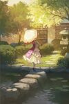  1girl black_footwear day dress fjsmu from_behind full_body high_heels highres holding holding_umbrella lily_pad long_sleeves outdoors pond solo standing stone_lantern tabard touhou tree umbrella water white_dress yakumo_yukari 