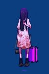  1girl absurdres bag black_footwear black_hair blood blood_on_clothes blood_on_dress blue_background dress hair_over_face halloween handbag handprint highres holding holding_bag holding_phone long_hair original phone shoes signature simple_background solo suitcase white_dress yoshi_mi_yoshi 