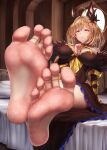  barefoot blonde_hair breasts cleavage feet foot_focus granblue_fantasy greek_toe hands_on_own_chest hecate_(granblue_fantasy) highres large_breasts long_toes medium_hair sitting soles spread_toes toenails toes wiggling_toes yellow_eyes yui_hiroshi 