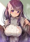  1girl black_robe breasts dress fern_(sousou_no_frieren) highres kink_(tortoiseshell) large_breasts lips long_hair long_sleeves looking_at_viewer parted_lips purple_eyes purple_hair robe solo sousou_no_frieren steaming_body wet wet_clothes wet_dress white_dress 