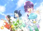  1boy 2girls bag black_hair black_shorts blue_eyes blue_jacket buzz_cut clenched_hand colored_inner_hair day dot_(pokemon) fireball fuecoco green_pants hair_ornament hair_over_one_eye hairclip hand_up handbag jacket jumping liko_(pokemon) medium_hair morisawa_machi multicolored_hair multiple_girls open_mouth outdoors pants pink_hair pokemon pokemon_(anime) pokemon_horizons purple_eyes purple_hair quaxly red_eyes roy_(pokemon) short_hair short_sleeves shorts sprigatito very_short_hair water_drop 