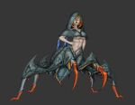  4_eyes absurd_res arachnid arachnid_taur arthropod arthropod_abdomen arthropod_taur big_breasts blonde_hair blue_eyes blue_sclera breasts capcom enzea eyelashes female grey_background grey_body hair hand_on_hip hi_res hood humanoid looking_at_viewer monster_hunter multi_eye navel nerscylla open_mouth orange_body pale_skin simple_background solo spikes spikes_(anatomy) taur under_boob yellow_eyelashes 