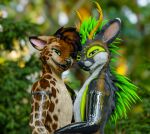  ambiguous_gender antlers clothing deer duo embrace feathers fur green_body green_eyes green_feathers hand_holding hand_on_shoulder hi_res horn hug hyena kiwidox latex_clothing male mammal multicolored_body multicolored_fur orange_antlers rexouium translucent translucent_clothing yellow_eyes 