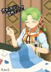  1girl absurdres akumesik breasts closed_eyes closed_mouth cross-laced_clothes dress earrings grandia grandia_i green_hair hair_net highres holding holding_needle jewelry lily_(grandia) long_hair needle smile solo 