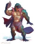  2023 abs anthro biceps biped bottomwear clothed clothing digital_media_(artwork) fur green_body green_fur hat headgear headwear hi_res male mammal monotreme muscular muscular_anthro muscular_male muscular_thighs open_clothing open_topwear pecs platypus quads shorts simple_background solo tail tan_body tan_fur taran_fiddler thick_thighs topwear torn_clothing wereplatypus white_background 