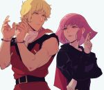  1boy 1girl belt blonde_hair blue_eyes char_aznable crossed_arms cuffs frown gundam haman_karn handcuffs holding holding_key key long_sleeves looking_at_another muscular muscular_male no_pupils otenki93 parted_lips pink_hair purple_eyes quattro_vageena shirt short_hair simple_background sleeveless smile sparkle sweat turtleneck upper_body white_background white_shirt zeta_gundam 