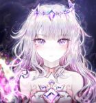 1girl bare_shoulders chest_jewel collar colored_inner_hair commentary crown crystal detached_collar dress gem gradient_hair grey_hair hololive hololive_english jewel_under_eye koseki_bijou long_hair looking_at_viewer multicolored_hair pink_hair purple_eyes purple_gemstone seeledayo solo virtual_youtuber white_collar 