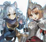  2girls :d ahoge animal_ears animal_hands armor belt blue_hair blush bodystocking_under_clothes bow breastplate breasts brown_eyes brown_hair cat_ears cat_girl cat_tail cleavage elbow_pads eversoul fang fang_out gloves hair_between_eyes hair_ornament hamuzi2 holding holding_polearm holding_weapon japanese_clothes korean_commentary long_skirt looking_at_viewer mask mask_removed medium_breasts mouth_mask multicolored_hair multiple_belts multiple_girls ninja ninja_mask pauldrons paw_pose polearm ponytail puffy_sleeves red_skirt ribbon rita_(eversoul) ruri_(eversoul) scarf shield shield_on_back short_hair shoulder_armor shuriken simple_background skirt smile streaked_hair tail weapon white_background yellow_eyes 
