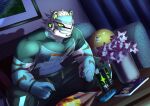  absurd_res anthro biceps blue_body blue_fur chuurow clothing felid fur furniture green_eyes hi_res male mammal muscular muscular_anthro muscular_male nintendo nintendo_switch pantherine pecs pillow shirt sofa solo t-shirt tiger topwear visor 