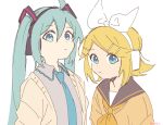  2girls ahoge aqua_eyes aqua_hair aqua_necktie black_sailor_collar blonde_hair blue_eyes bow brown_cardigan cardigan closed_mouth commentary dot_nose expressionless grey_shirt hair_bow hair_ornament hairclip hatsune_miku headphones highres kagamine_rin long_hair looking_at_viewer m0ti multiple_girls neckerchief necktie orange_neckerchief orange_sweater sailor_collar shirt short_hair simple_background sketch sweater swept_bangs twintails twitter_username upper_body very_long_hair vocaloid white_background white_bow 