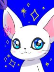  blue_background blue_eyes blush cat colored_skin digimon digimon_(creature) love_loplop smile solo sparkle tailmon upper_body white_skin 