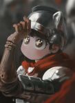  1girl absurdres alternate_costume armor berserk black_eyes black_hair cape casca_(berserk) casca_(berserk)_(cosplay) cosplay dana_(ocana_dana) flower-shaped_pupils hand_up helm helmet highres komi-san_wa_komyushou_desu komi_shouko long_hair no_mouth no_nose red_cape redrawn solo symbol-shaped_pupils 