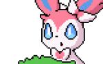  ^_^ animal_focus animated animated_gif blue_sclera bow bowtie closed_eyes colored_sclera commentary commission english_commentary hair_bow happy leaf leaning_forward looping_animation lowres no_humans open_mouth outline pink_bow pink_bowtie pixel_art pokemon pokemon_(creature) portrait sideways_mouth smile solo sylveon transparent_background white_eyes white_outline wisgarus 