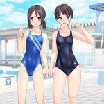  2girls absurdres black_hair black_one-piece_swimsuit blue_one-piece_swimsuit blue_sky breasts brown_eyes cameltoe cloud collarbone commentary_request competition_swimsuit covered_navel day feet_out_of_frame highres lifeguard_chair logo looking_at_viewer low_twintails multicolored_clothes multicolored_swimsuit multiple_girls new_school_swimsuit one-piece_swimsuit original outdoors pool poolside school_swimsuit short_hair sky small_breasts starting_block swimsuit takafumi twintails v 