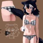  1girl absurdres animal_ears arm_at_side ass bare_arms bare_shoulders black_hair blue_eyes bra breasts brown_background chibi cleavage collarbone commentary_request cowboy_shot cup english_text expressionless extra_ears grey_wolf_(kemono_friends) hair_between_eyes heterochromia highres holding holding_cup jitome kemono_friends long_hair looking_at_viewer medium_breasts mug multicolored_hair multiple_views murakami_kou_(raye) navel panties paw_print plaid plaid_bra plaid_panties print_mug simple_background spit_take spitting stomach tail tail_through_clothes two-tone_hair underwear underwear_only white_hair wolf_ears wolf_girl wolf_tail yellow_eyes 