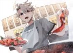  1boy :d ahoge animal_print apron black_eyes border butterfly_print cooking curtained_hair fate/grand_order fate_(series) food grey_hair grey_skirt grill grilling hair_between_eyes highres holding holding_plate holding_tongs james_moriarty_(ruler)_(fate) lightning_ahoge looking_at_viewer male_focus meat outside_border plate price_list print_shirt raw_meat restaurant shirt short_hair short_sleeves skirt smile smoke solo sparkle t-shirt teeth tia_(cocorosso) tongs upper_body upper_teeth_only white_apron white_border yakiniku 