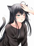  1girl ahoge animal_ears black_hair black_shirt blue_eyes blush cat_ears cat_tail collarbone hair_ribbon headpat highres long_hair nyan one_eye_closed open_mouth red_hayao red_ribbon ribbon shirt simple_background solo_focus tail upper_body white_background yahari_ore_no_seishun_lovecome_wa_machigatteiru. yukinoshita_yukino 