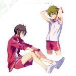  2boys akiyama_hayato hair_between_eyes hands_on_own_knees holding holding_clothes holding_jacket idolmaster idolmaster_side-m iseya_shiki jacket legs male_focus map_(map_imas) multiple_boys pink-framed_eyewear pink_jacket pink_shorts pink_wristband shirt shoes shorts white_background white_footwear white_shirt 