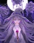  1girl absurdres cloak cosplay elden_ring full_moon grey_hair hat highres holding holding_staff hololive hololive_english koseki_bijou long_hair ma_draws magic moon purple_eyes ranni_the_witch ranni_the_witch_(cosplay) rock staff virtual_youtuber witch_hat wooden_staff 