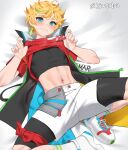 1boy black_shirt blonde_hair blue_eyes blush clothes_lift commentary cropped_shirt dangle_earrings earrings ensemble_stars! g1_(jjw00123) green_hair hands_up harukawa_sora jacket jewelry lying male_focus midriff multicolored_clothes multicolored_hair multicolored_jacket navel on_back on_bed open_clothes open_jacket paid_reward_available red_shirt shirt shirt_lift shoes short_hair shorts smile sneakers socks solo steaming_body sweat twitter_username white_footwear white_shorts white_socks zipper zipper_pull_tab 