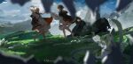  1girl 2girls arms_behind_head barefoot black_cloak black_hair blurry blurry_foreground braid cloak cloud cloudy_sky commentary_request dated dress fantasy field floating_hair grass green_eyes hair_ornament hair_tubes hairclip highres holding holding_map long_hair looking_at_another map mountainous_horizon multiple_girls original scenery short_hair_with_long_locks short_sleeves signature sky standing walking white_dress white_hair wide_shot xilmo 