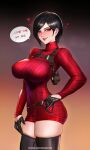 1girl ada_wong badcompzero black_gloves black_hair black_thighhighs breasts dress english_text gloves grin hand_on_own_hip highres light_blush long_sleeves red_sweater resident_evil resident_evil_4 resident_evil_4_(remake) short_hair smile solo speech_bubble standing sweater sweater_dress thighhighs 