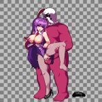  1boy 1girl animal_ears bangs bar_censor black_footwear breast_grab censored checkered_background collar colored_skin cum cum_in_pussy full_body grabbing hetero high_heels leotard long_hair mirukuro092 necktie nipple_slip nipples pantyhose pixel_art playboy_bunny purple_hair rabbit_ears red_eyes red_necktie red_skin reisen_udongein_inaba sex sex_from_behind sin_sack standing standing_sex strapless strapless_leotard sweatdrop touhou vaginal very_long_hair white_collar 