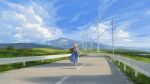  1girl absurdres blue_skirt blue_sky brown_hair bush cloud commentary_request cumulonimbus_cloud day field flower guard_rail hat hat_flower highres lake landscape long_hair michinoku_(hiking_miusan18) mountain original outdoors power_lines road scenery shirt short_sleeves skirt sky solo standing straw_hat summer sun_hat sunflower utility_pole vanishing_point white_shirt wind_turbine 