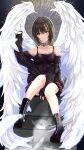  1girl arm_up bare_shoulders between_legs black_choker black_footwear black_hair black_jacket blonde_hair blurry blurry_foreground boots bra_strap breasts brown_shirt choker collarbone dot_nose fake_wings falling_feathers feathered_wings feathers frilled_shirt frills full_body hand_between_legs highres idolmaster idolmaster_shiny_colors ikaruga_luca jacket long_sleeves looking_at_viewer medium_hair midriff_peek multicolored_hair nagmilk off-shoulder_shirt off_shoulder open_mouth pink_skirt shirt sitting sitting_on_object skirt small_breasts solo strap_slip streaked_hair two-tone_hair wings yellow_eyes zipper zipper_footwear zipper_pull_tab 