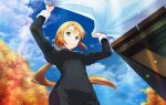  1girl black_dress blue_eyes blue_sky breasts brown_hair closed_mouth cloud dress floating_hair from_behind lens_flare long_hair long_sleeves low_ponytail nun selka_zuberg sky small_breasts smile solo standing sword_art_online traditional_nun very_long_hair 