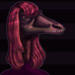  2023 absurd_res anthro brown_body brown_eyes brown_feathers brown_skin clothing dinosaur dromaeosaurid eyewear feathered_dinosaur feathers girly glasses grimmgall hair happy hi_res long_hair long_neck long_snout male red_hair reptile robinik roger_grimdark scalie smile snout solo sweater teeth teeth_showing theropod topwear turtleneck velociraptor 