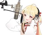  1girl ahoge black_headphones blonde_hair blush brown_dress brown_sailor_collar clothing_cutout dot_nose dress hair_between_eyes hair_ornament hair_ribbon hand_on_headphones hands_up headphones hololive hololive_dev_is long_sleeves looking_at_viewer microphone musical_note musical_note_hair_ornament neck_ribbon one_side_up open_mouth otonose_kanade plaid plaid_dress puffy_long_sleeves puffy_sleeves red_eyes red_ribbon ribbon sailor_collar shirt shoulder_cutout simple_background smile solo studio_microphone turtleneck upper_body virtual_youtuber white_background white_shirt zeroperpect 