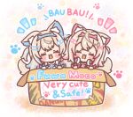  2girls animal_collar animal_ear_fluff animal_ears bandaid_hair_ornament black_collar blonde_hair blue_hair blue_hairband box cardboard_box chibi closed_eyes collar crossed_bangs dog_ears dog_girl dog_tail double-parted_bangs fake_horns fang fur-trimmed_jacket fur_trim fuwawa_abyssgard hair_between_eyes hair_intakes hair_ornament hairband hairclip headphones headphones_around_neck highres hololive hololive_english horns in_box in_container jacket long_hair mitarashi_neko mococo_abyssgard multicolored_hair multiple_girls open_mouth pink_hair pink_hairband short_hair siblings sisters smile streaked_hair tail twins two_side_up virtual_youtuber x_hair_ornament 